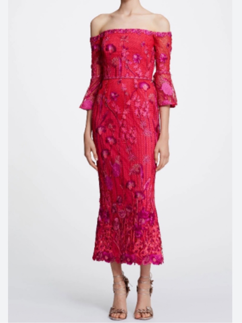 Marchesa Notte Red Floral Embroidered Off Shoulder Midi Dress Size 16